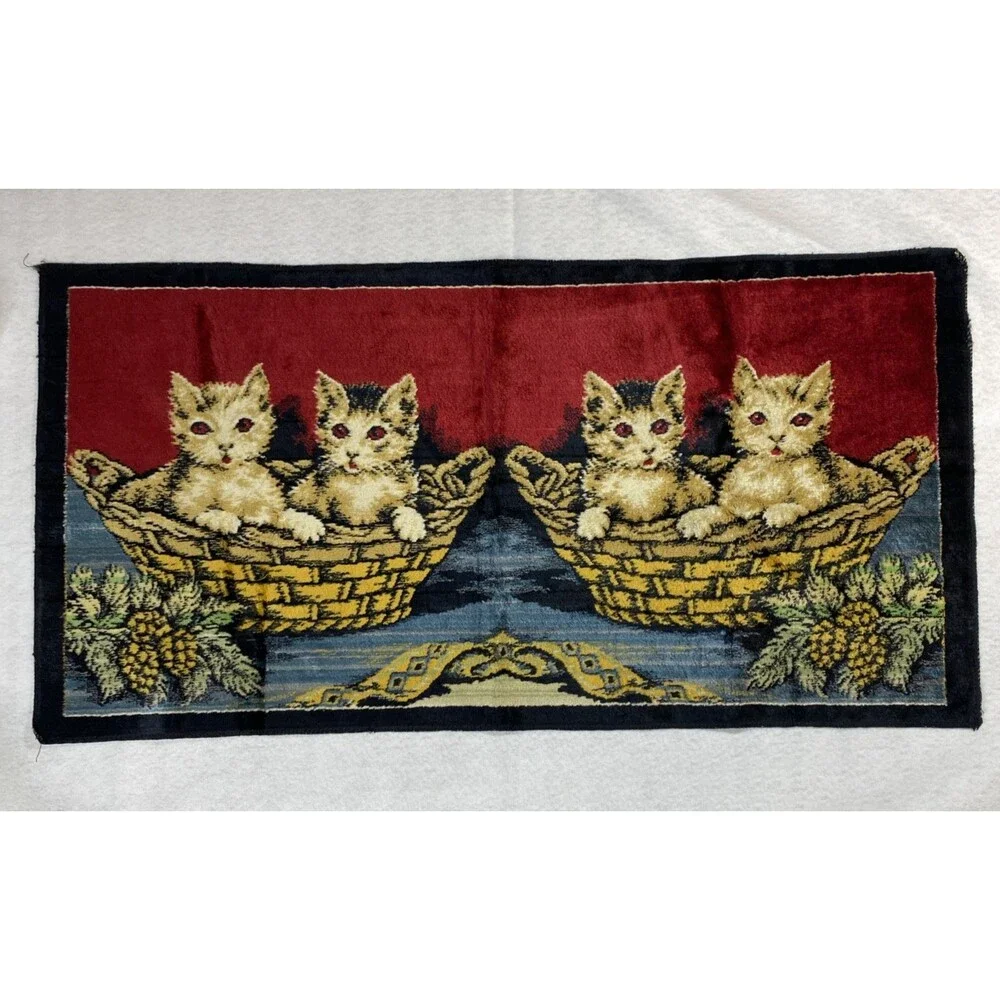 Vintage Velvet cat tapestry Textile Rug Red eyes Feline 38 x 19.5 rectangle
